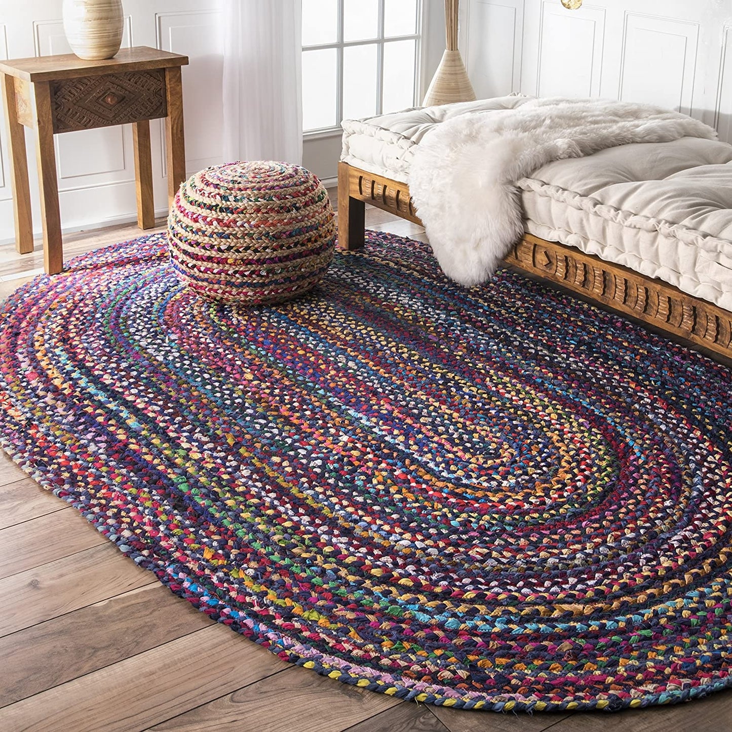 Ocean Breeze Blue Oval Braided Cotton Floor Area Rug | Hand-Woven Coastal Reversible Area Rug