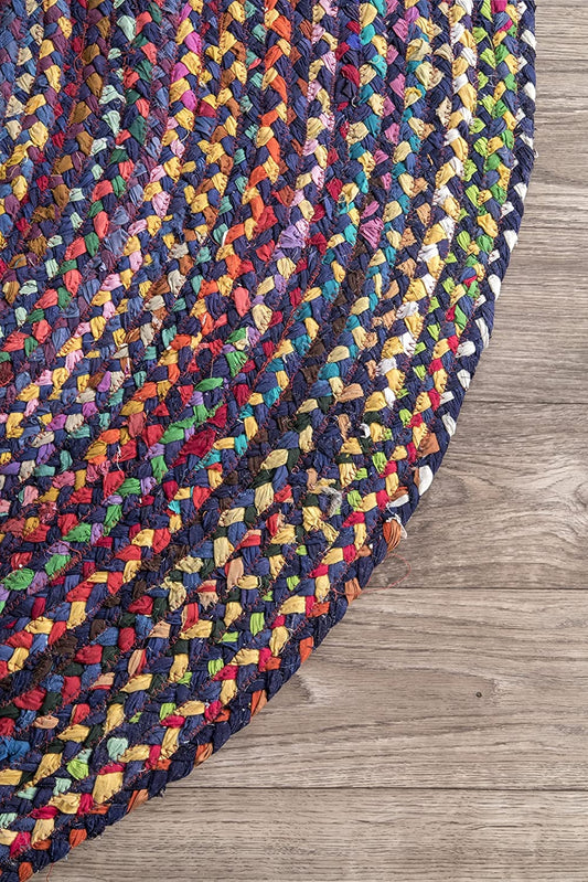 Ocean Breeze Blue Oval Braided Cotton Floor Area Rug | Hand-Woven Coastal Reversible Area Rug