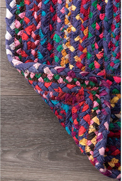 Ocean Breeze Blue Oval Braided Cotton Floor Area Rug | Hand-Woven Coastal Reversible Area Rug