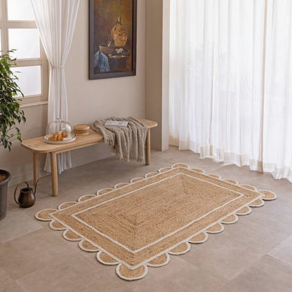 Handmade Scalloped Rectangle Jute Rug with White Border Line – Natural Eco-Friendly Area Carpet
