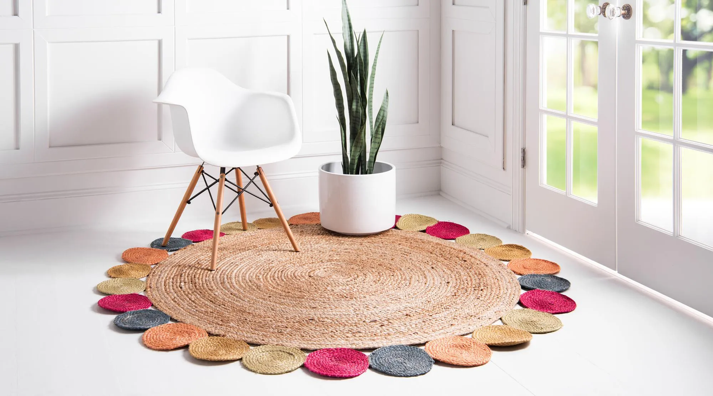 Handmade Round Jute Rug with Colorful Pom Pom Border – Eco-Friendly Natural Boho Area Rug