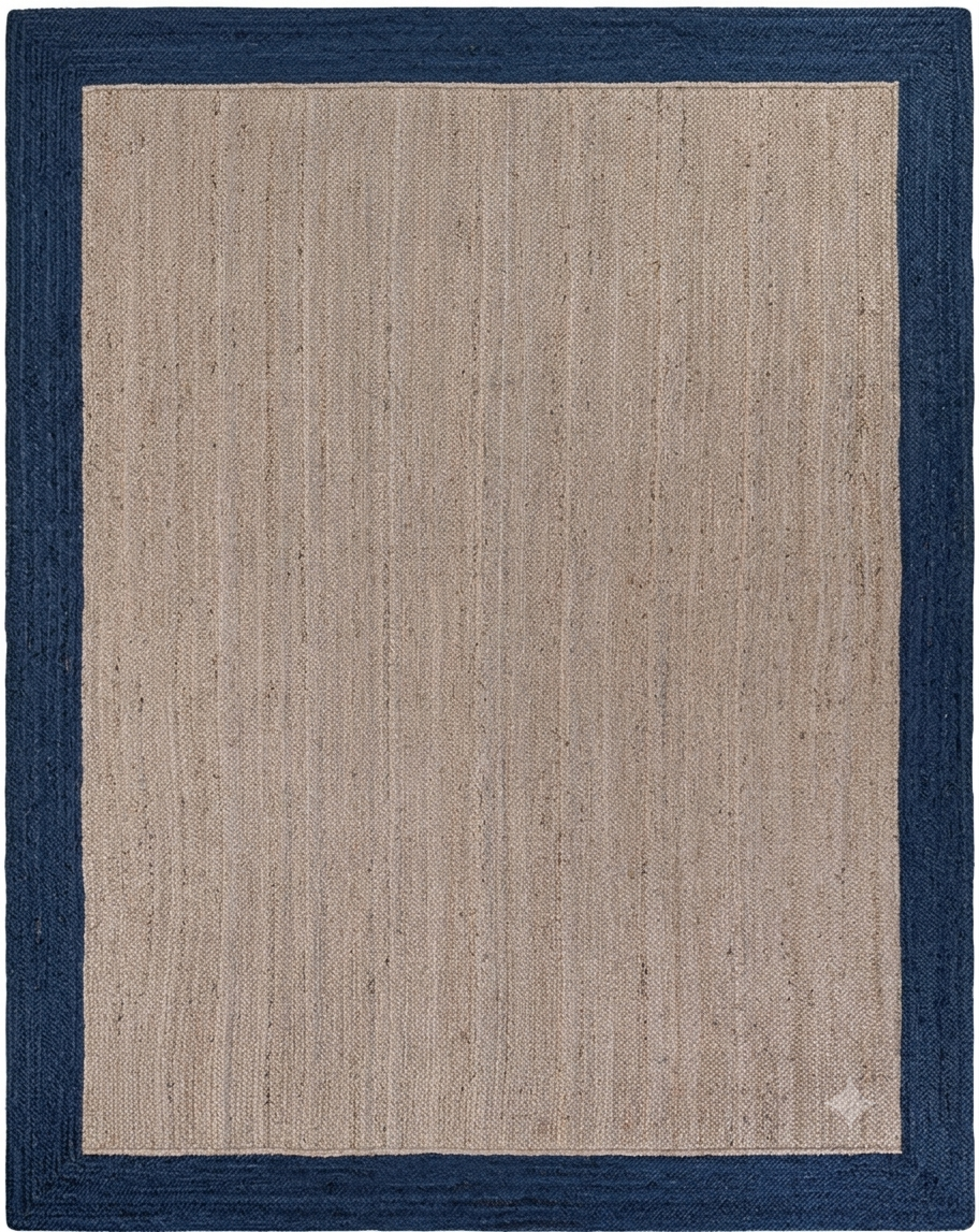 Natural Jute Area Rug with navy border and light beige center, hand-braided natural jute construction for indoor flooring
