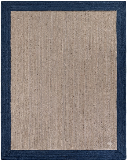 Natural Jute Area Rug with navy border and light beige center, hand-braided natural jute construction for indoor flooring