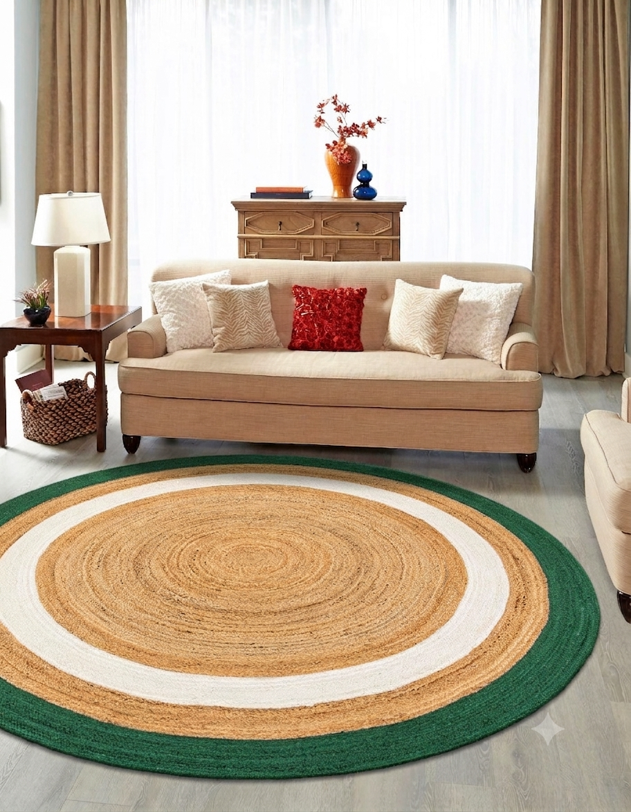 Natural Jute Area Rug Round Rug green and tan braided circle design on living room floor