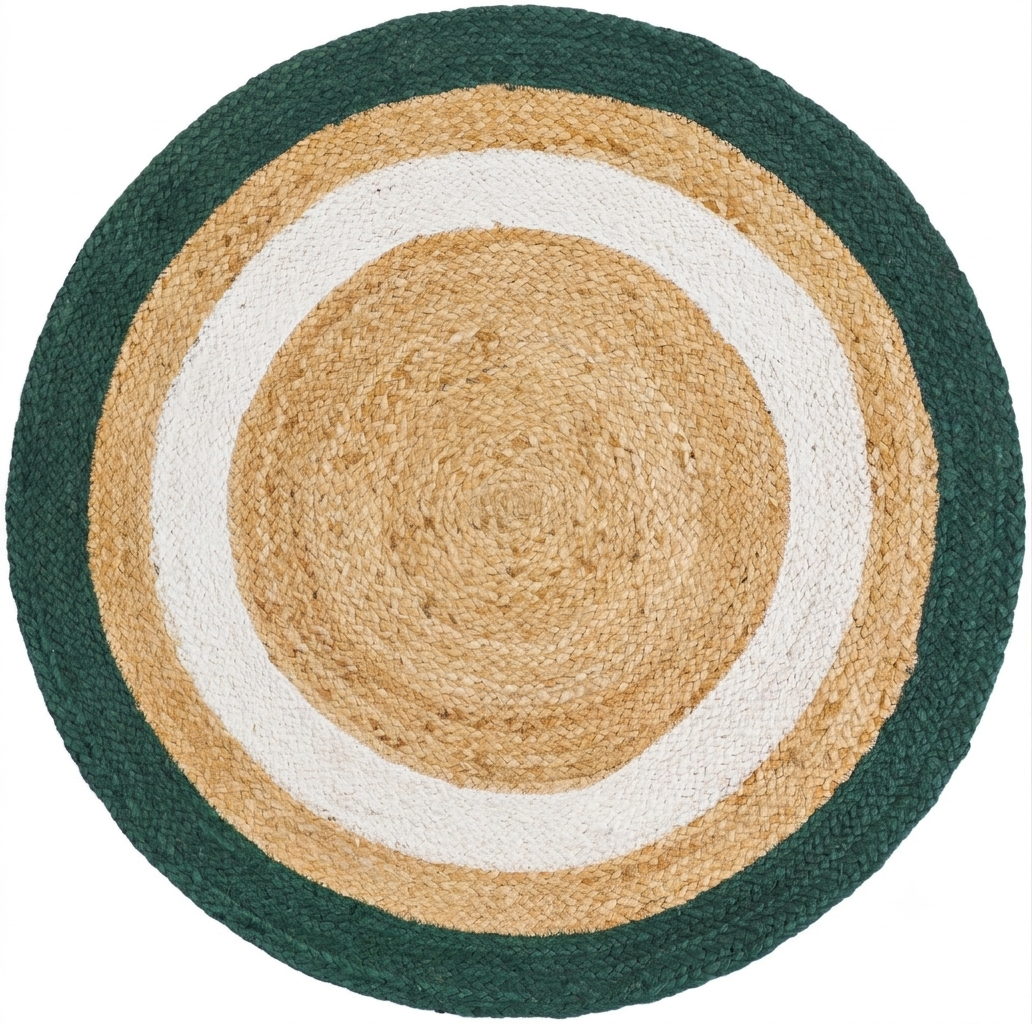 Natural Jute Area Rug round rug green teal and beige braided jute with white concentric circles
