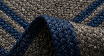 Natural Jute Area Rug floor carpet with braided blue and beige runner texture, indoor entryway or living room flooring