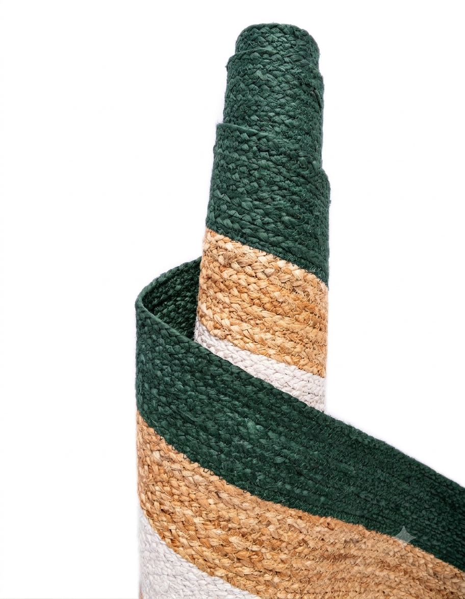 Green and natural handmade Jute Runner Bed Side Runner with braided jute weave and striped bands