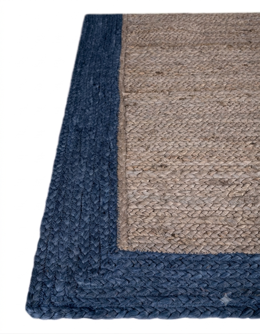 Natural Jute Area Rug with blue border and woven texture, handmade jute construction for indoor floor carpet