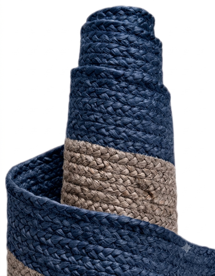 Natural Jute Area Rug in navy and beige hand-braided weave, reversible floor carpet with runner style edging