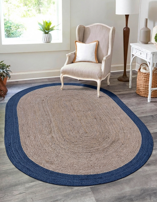 Natural Jute Area Rug round rug with blue border, hand-braided construction for indoor hallway and entryway use