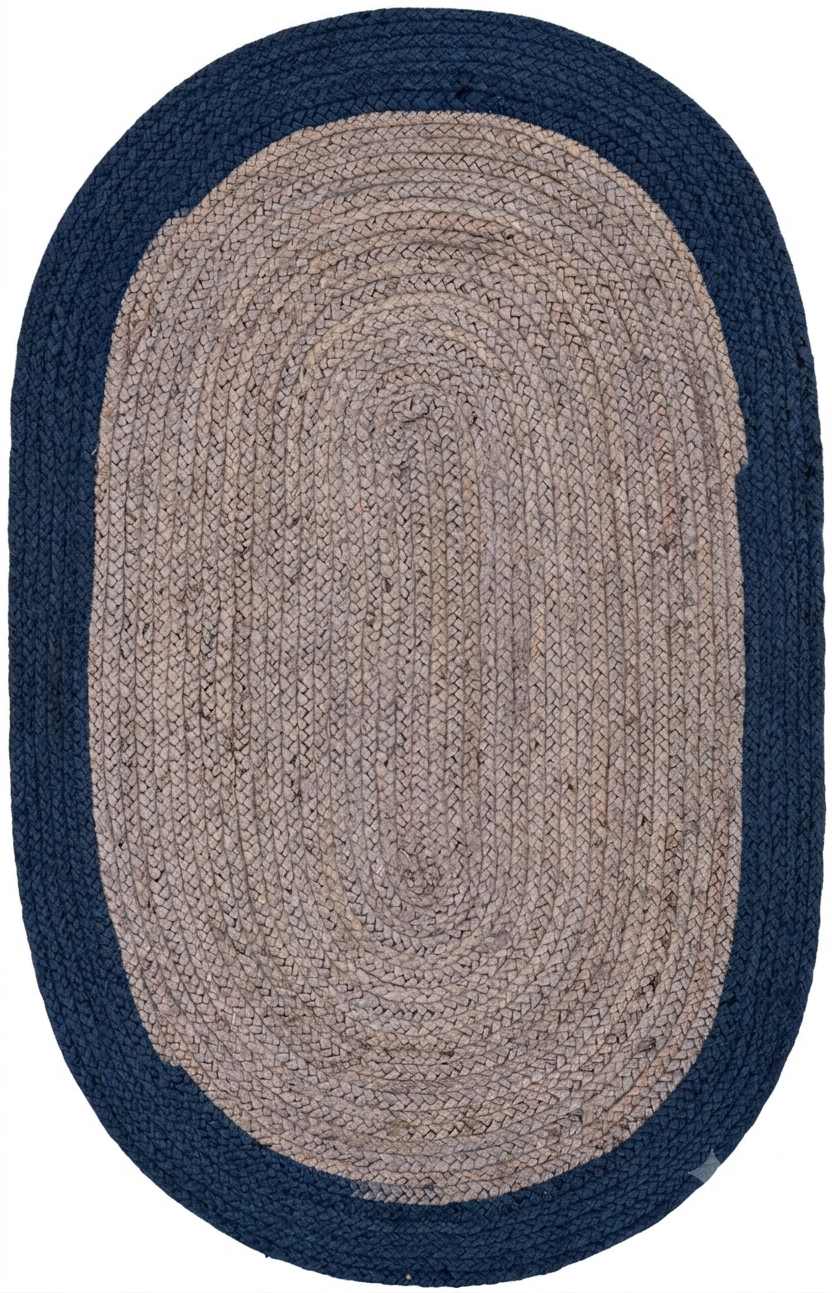 Natural Jute Area Rug with blue and beige hand-braided oval pattern, reversible indoor hallway and entryway floor carpet