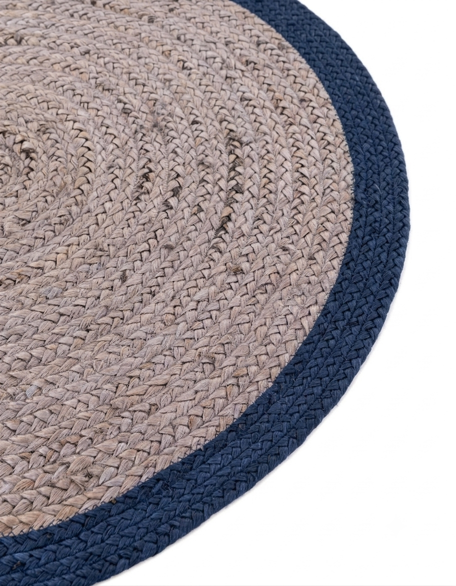 Natural Jute Area Rug with round woven jute pattern, beige and dark blue border, indoor hallway and entryway use