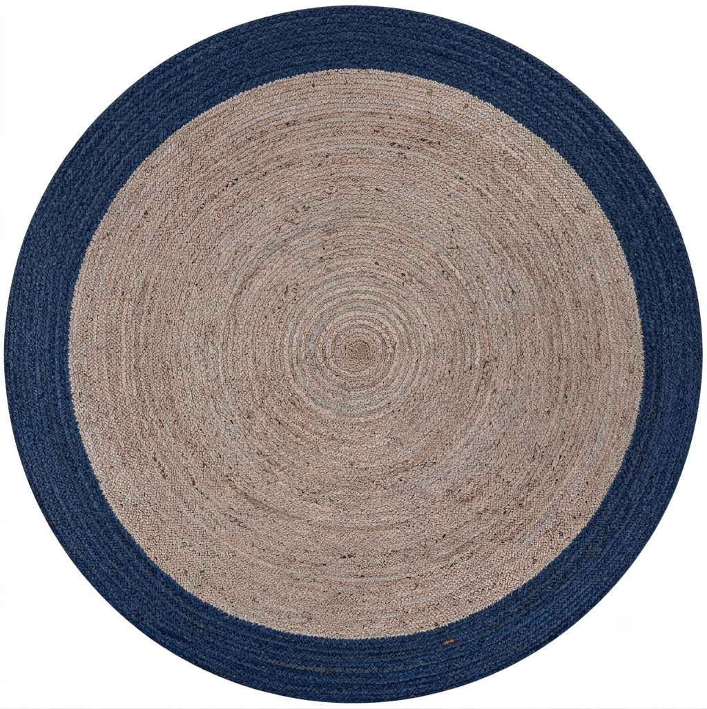 Blue and natural round jute area rug with solid center and border pattern, hand-braided construction for indoor floor carpet