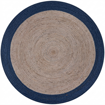 Blue and natural round jute area rug with solid center and border pattern, hand-braided construction for indoor floor carpet