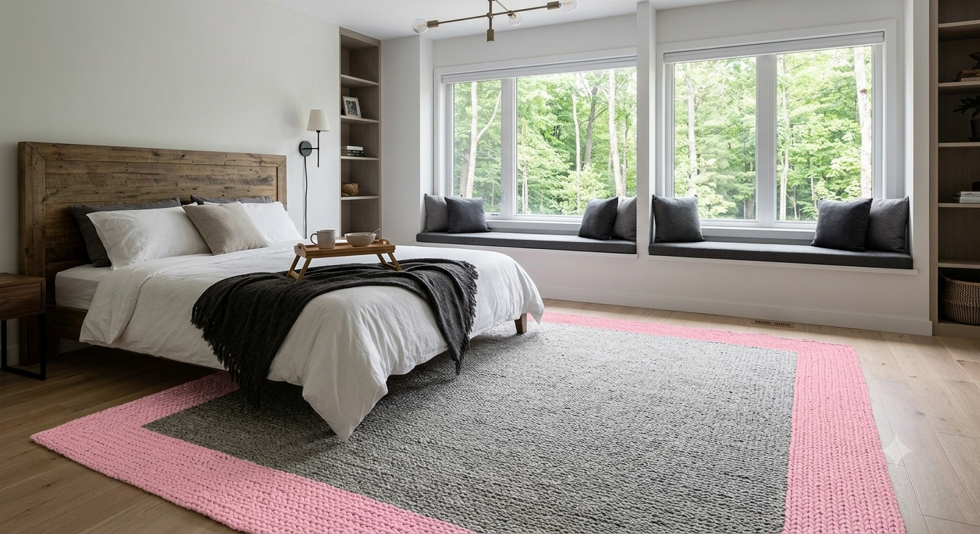 Hand-braided natural jute area rug in gray with pink border, indoor floor carpet for bedroom and living room, round rug style