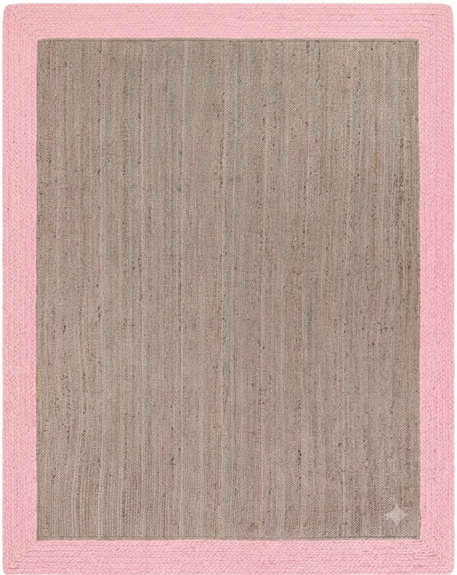 Natural Jute Area Rug in beige and pink with textured woven border, square floor carpet for indoor entryway