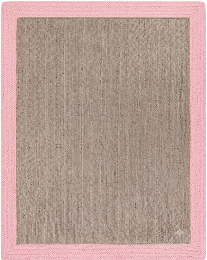 Natural Jute Area Rug in beige and pink with textured woven border, square floor carpet for indoor entryway