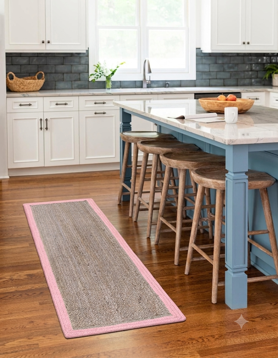 Natural Jute Area Rug floor carpet in a pink border, rectangular indoor runner for entryway and kitchen, handmade braided jute construction
