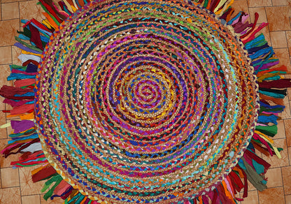 Vibrant Natural Jute Area Rug featuring a colorful braided design — perfect as a round rug for any living space.