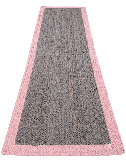 Natural Jute Area Rug with pink border and gray braided center, hand-braided indoor floor carpet runner