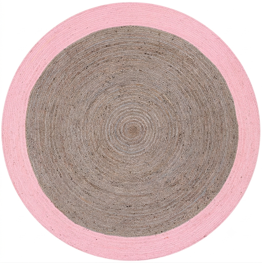 Natural Jute Area Rug in pink and natural beige, round rug with bordered pattern and solid center, handmade indoor floor carpet