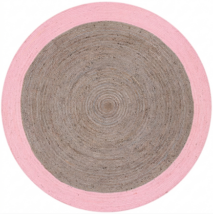 Natural Jute Area Rug in pink and natural beige, round rug with bordered pattern and solid center, handmade indoor floor carpet