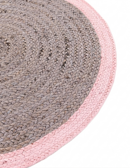 Natural Jute Area Rug with pink and gray braided border, round rug texture for indoor hallway entryway