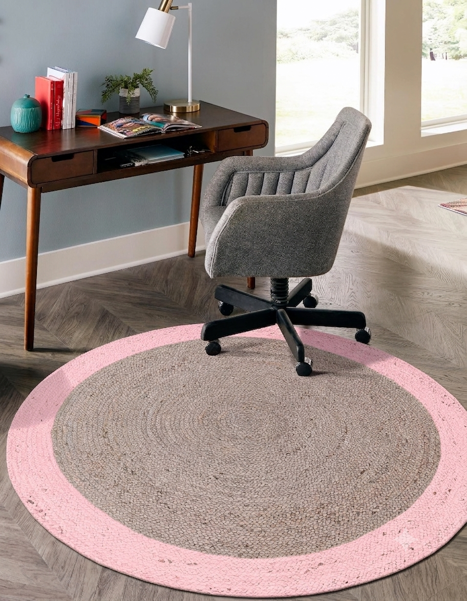 Natural Jute Area Rug round rug in light beige with pink border, indoor floor carpet for living room and entryway