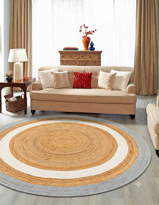 Natural Jute Area Rug Round Rug in tan jute with white border on living room Floor Carpet