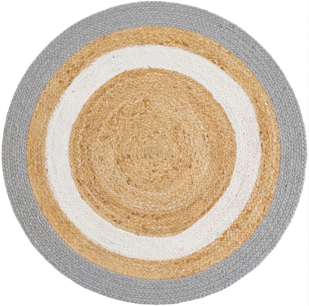 Natural Jute Area Rug round rug in gray, tan and white with woven concentric circle pattern