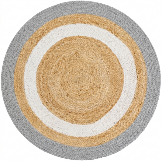 Natural Jute Area Rug round rug in gray, tan and white with woven concentric circle pattern