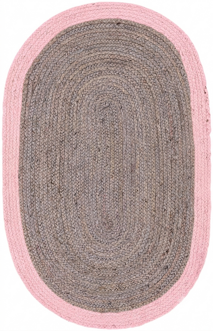 Natural Jute Area Rug with pink and gray oval braided border, indoor hallway and entryway area rug