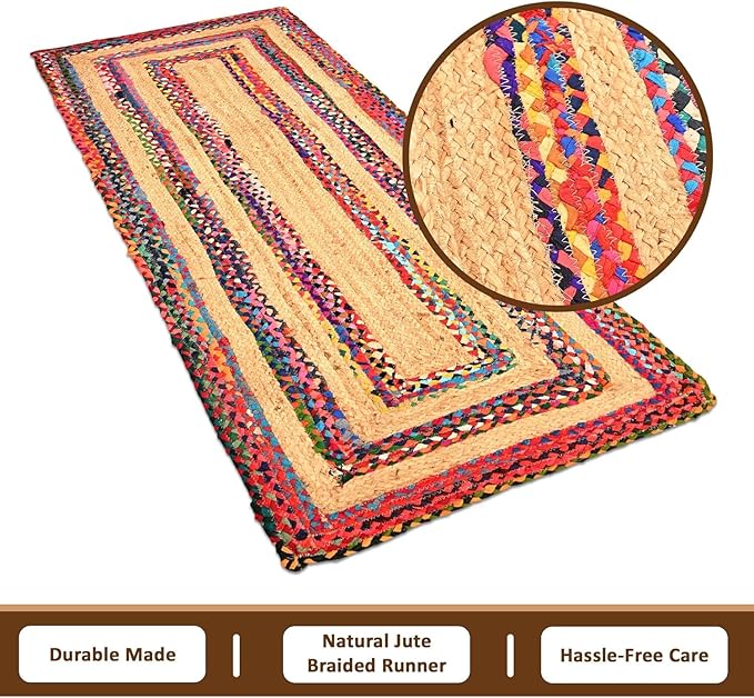 Colorful braided jute runner rug with close-up detail on a white background