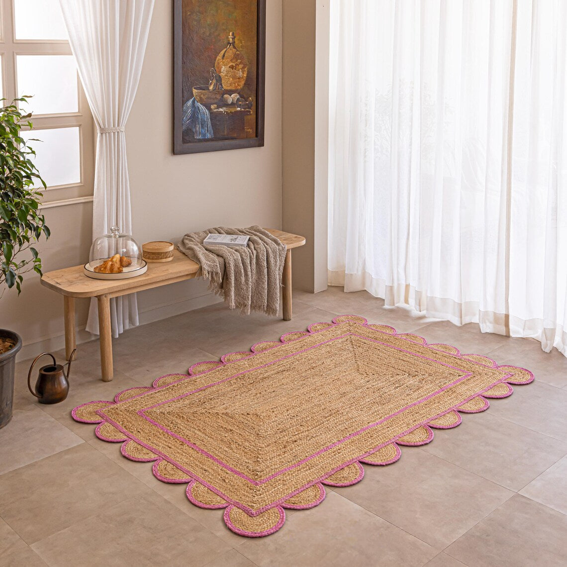 Handmade Scalloped Rectangle Jute Rug with Pink Border – Eco-Friendly Natural Jute Area Carpet for Living Room & Bedroom
