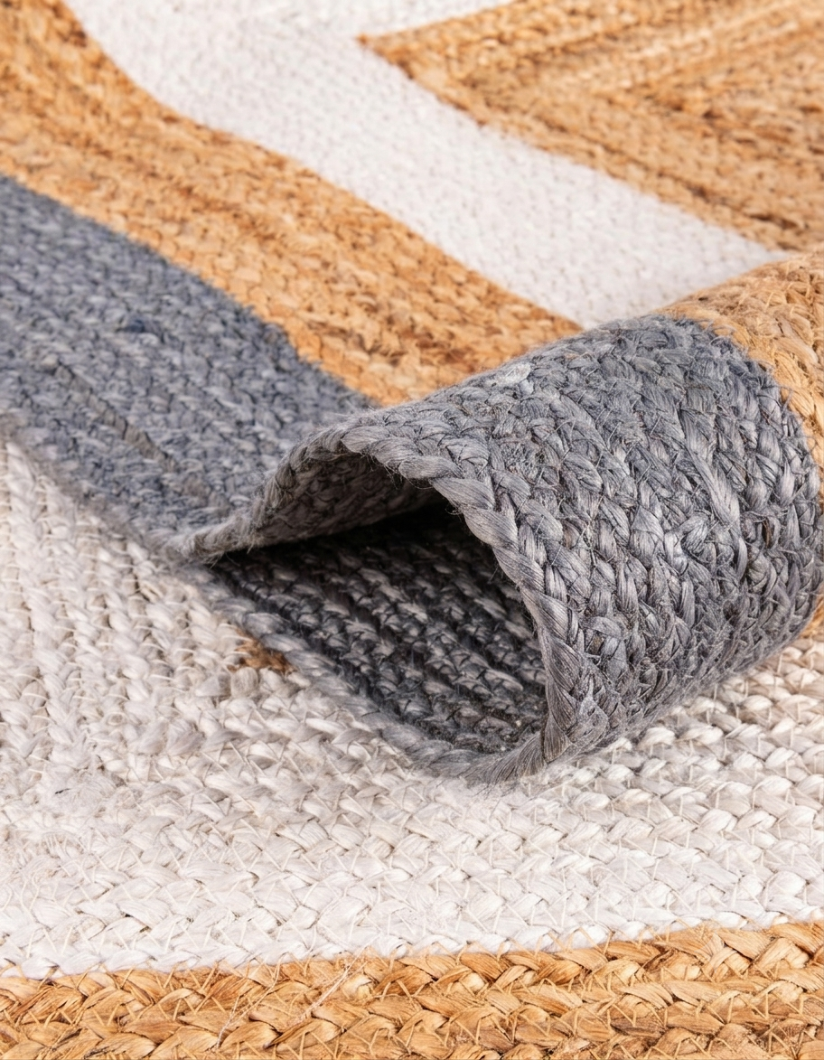 Natural Jute Area Rug Floor Carpet woven natural jute with grey trim on a flat surface