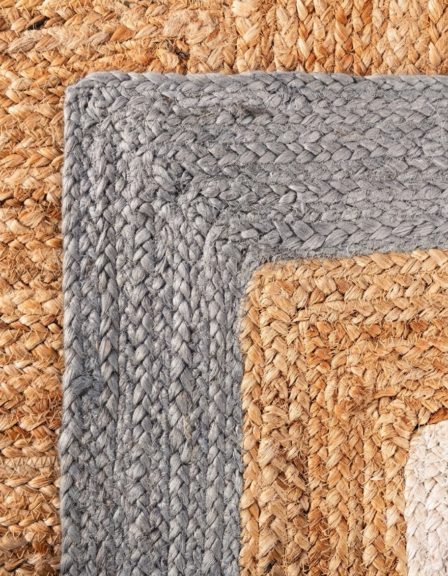 Braided Floor Carpet Natural Jute Area Rug in gray and natural jute with woven braid texture