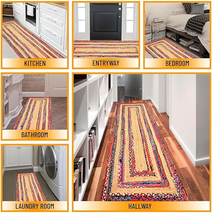 Natural Jute Area Rug in vibrant colors, perfect as a decorative Floor Carpet for entryways or beside beds.
