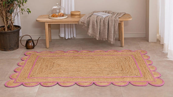 Handmade Scalloped Rectangle Jute Rug with Pink Border – Eco-Friendly Natural Jute Area Carpet for Living Room & Bedroom