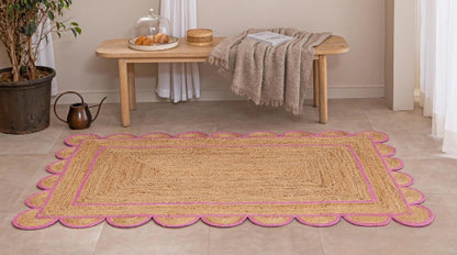 Handmade Scalloped Rectangle Jute Rug with Pink Border – Eco-Friendly Natural Jute Area Carpet for Living Room & Bedroom