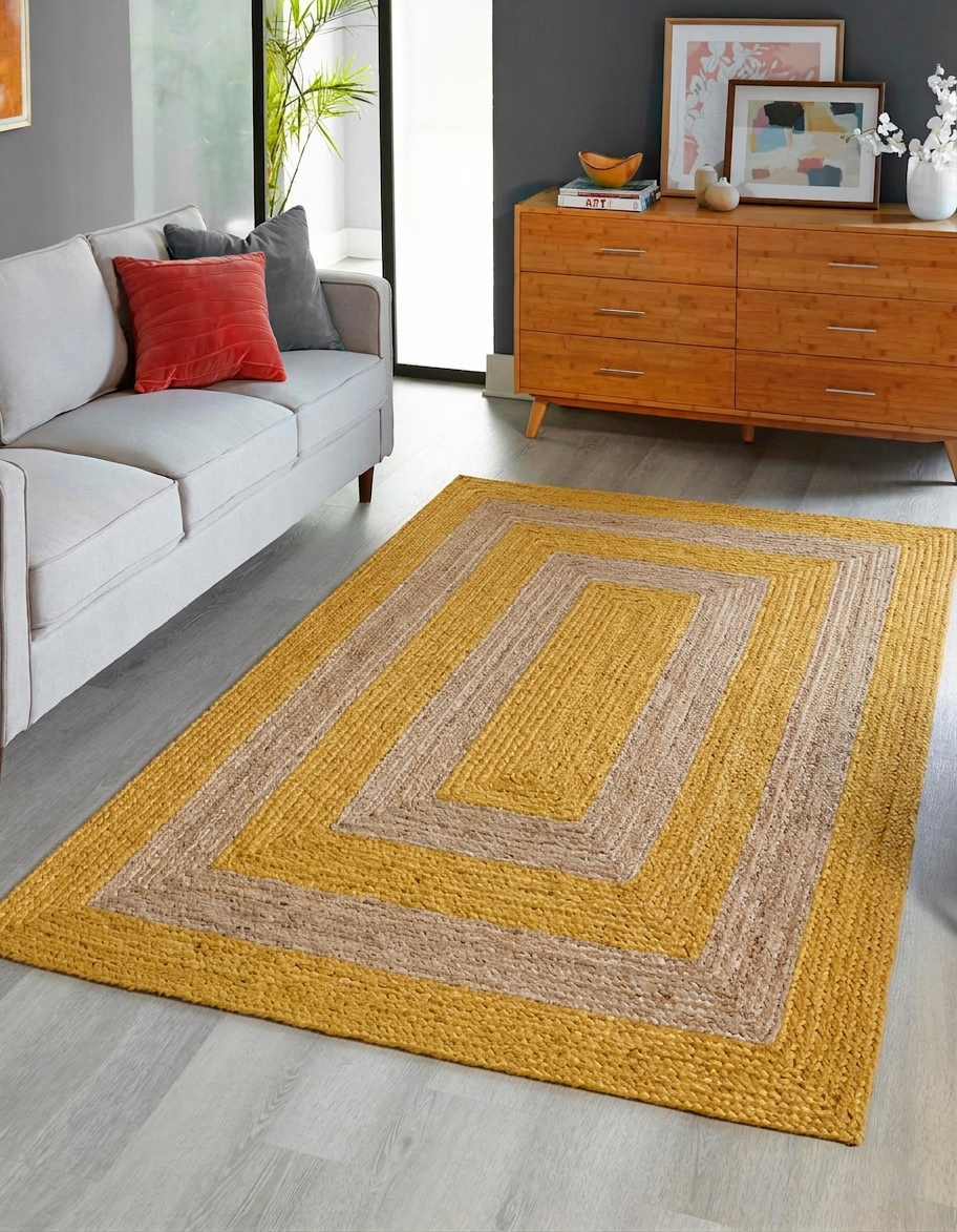 Natural Jute Area Rug rectangular honey yellow and beige jute floor carpet in living room