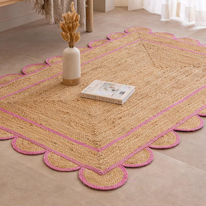 Handmade Scalloped Rectangle Jute Rug with Pink Border – Eco-Friendly Natural Jute Area Carpet for Living Room & Bedroom