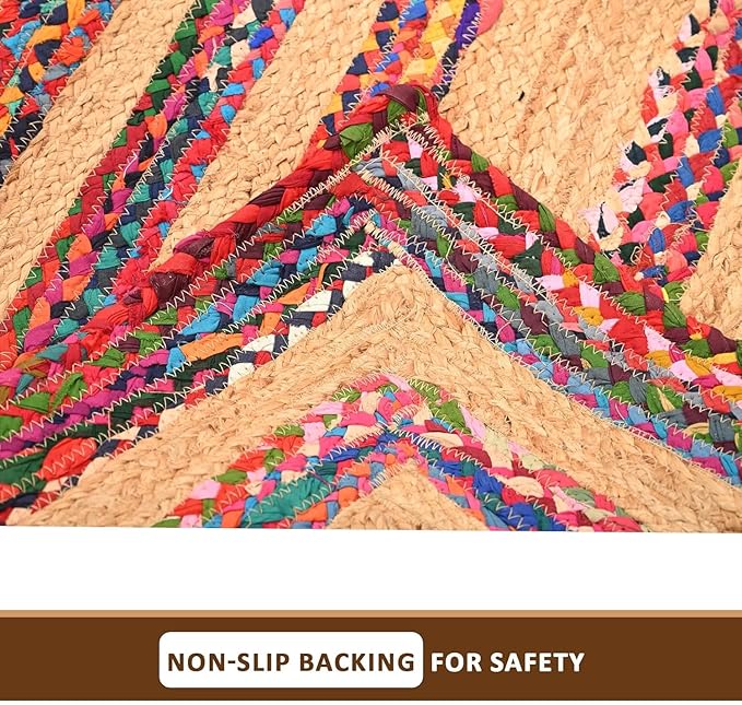Colorful handmade jute area rug with a natural fiber texture and non-slip backing — perfect for adding warmth to any space.
