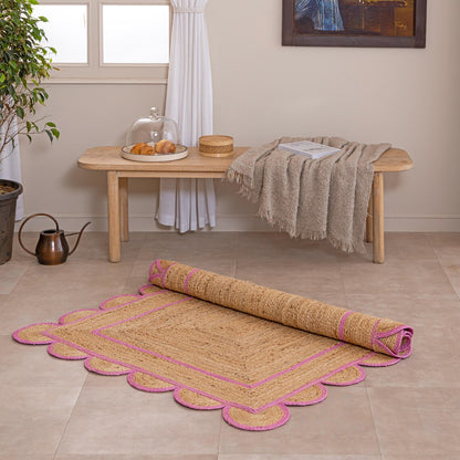 Handmade Scalloped Rectangle Jute Rug with Pink Border – Eco-Friendly Natural Jute Area Carpet for Living Room & Bedroom