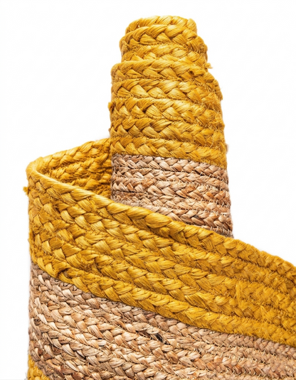handmade Jute Runner Floor Carpet Rug braided jute in yellow and beige stripes on white background