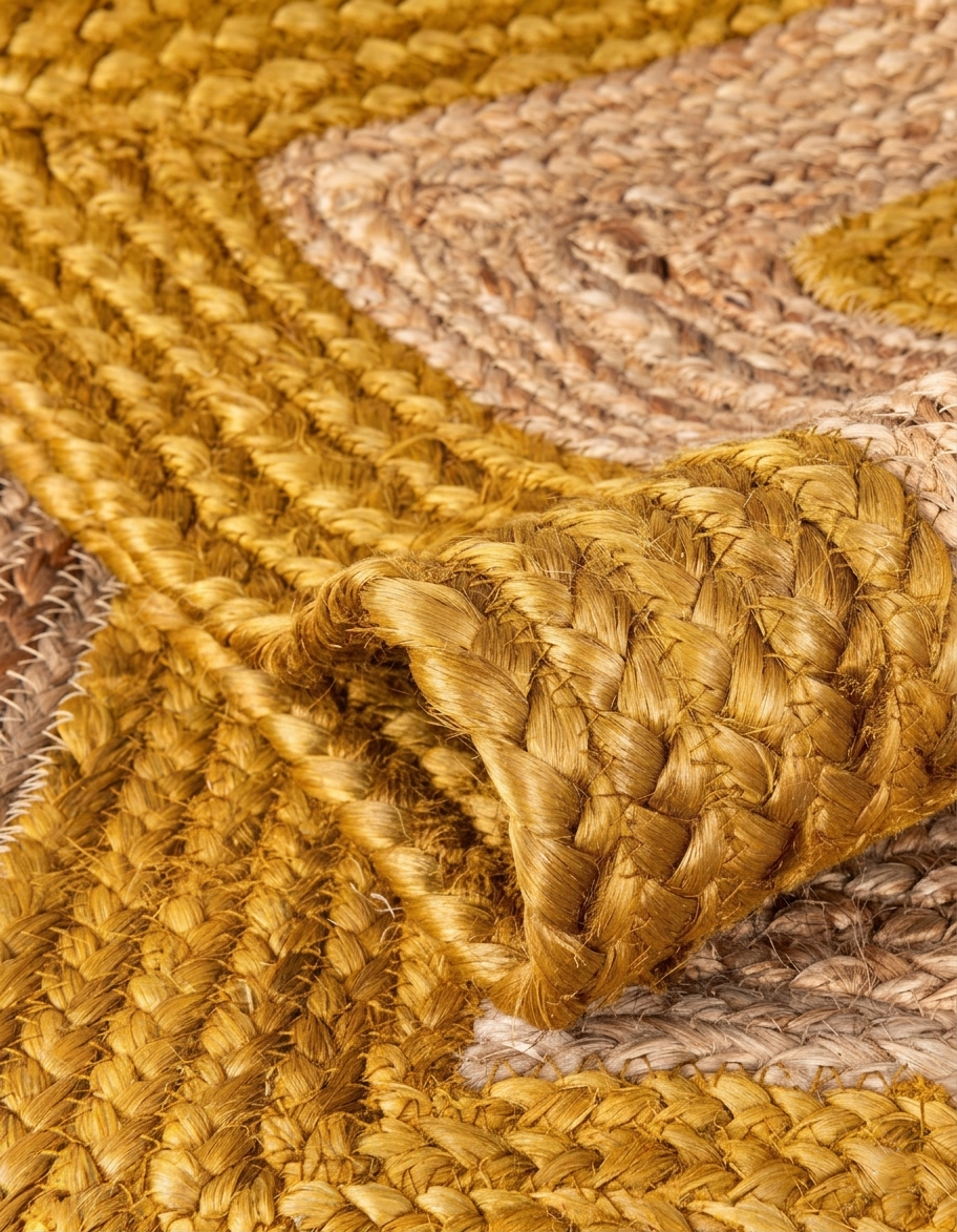Natural Jute Area Rug woven jute Floor Carpet in natural tan and beige close-up texture detail