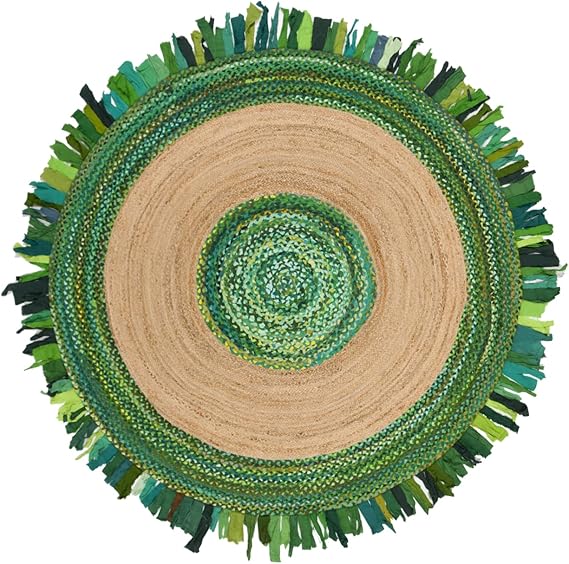 Round woven rug with green and beige colors on a white background