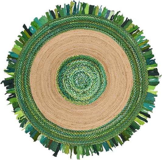 Round woven rug with green and beige colors on a white background