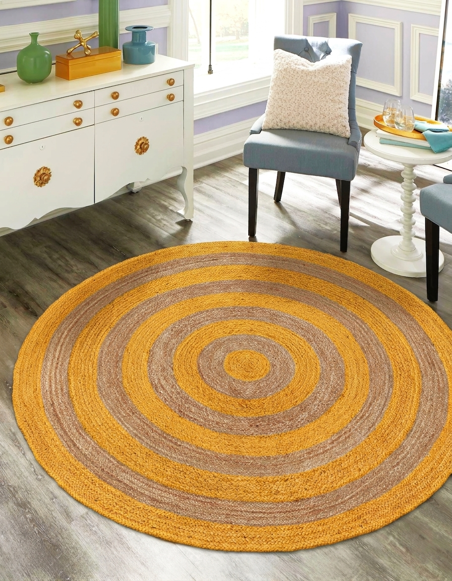 Natural Jute Area Rug round jute Floor Carpet with concentric yellow and gray circles on wood floor