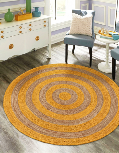 Natural Jute Area Rug round jute Floor Carpet with concentric yellow and gray circles on wood floor