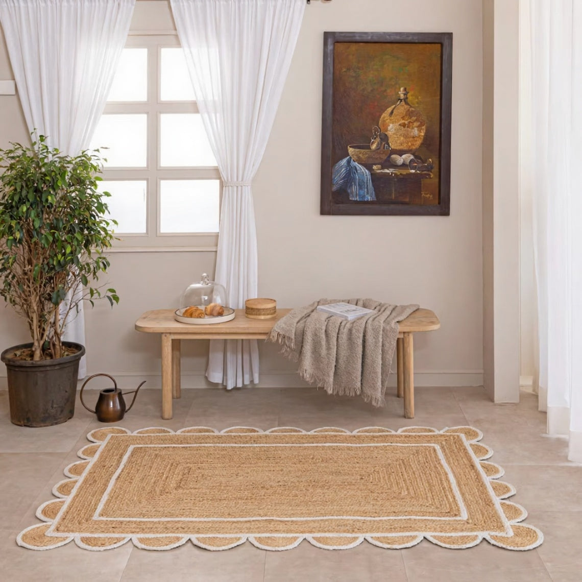 Handmade Scalloped Rectangle Jute Rug with White Border Line – Natural Eco-Friendly Area Carpet